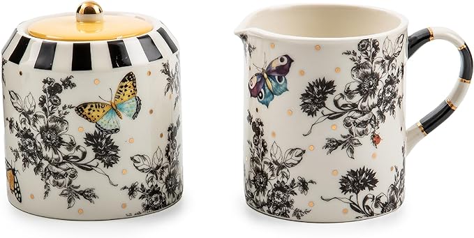 MACKENZIE-CHILDS Creamer and Sugar-Bowl Set, Cream Dispenser and Sugar Holder, Unique Kitchen Decor, Butterfly Toile