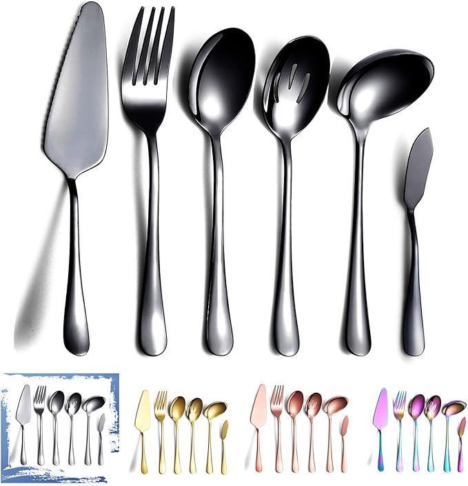 6-Piece Black Serving Flatware Silverware Set,Stainless Steel Serving Utensil Set,Include Cake Server, Slotted Serving Spoon, Serving Spoon, Cold Meat Fork, Butter Knife, Soup Ladle