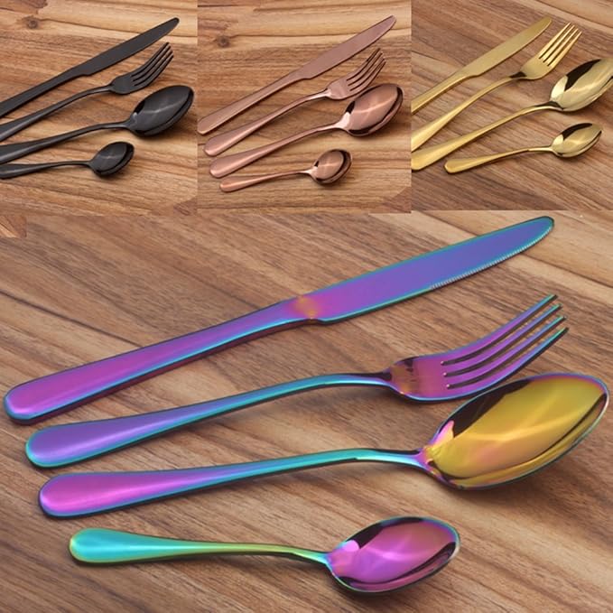 Lots 4pcs Stainless Steel Tableware Dinner Spoon Fork Knife Flatware Serving Sets Spoons Forks Knives，Black-4
