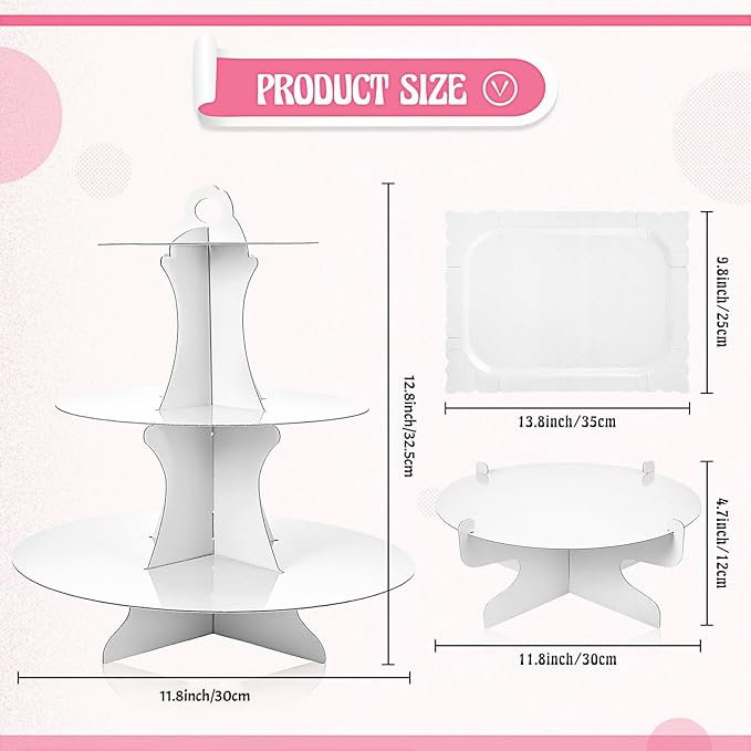 Zopeal 7 Pcs Dessert Table Display Set 3-Tier Cupcake Stand 1-Tier Cup Cake Display Tower Platters and Serving Trays Cardboard Cake Cookie Holders for Wedding Birthday Party Baby Shower(White)