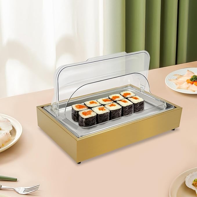 Ice Food Serving Tray, Stainless Steel Food Serving Container with Clear Roll Top Cover, Cold Buffet Platter Cooler Chiller, Food Display Plate for Seafood Fruit Desserts Party Catering