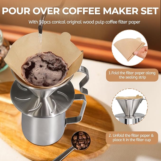 Uncoated Pour Over Coffee Maker 350ml Milk Frothing Pitcher 304 Thickened Stainless Steel Drip Coffeemaker Set with 50pcs V60 Cone Paper Filters Hand Brew Dripper Carafe for Home Camping Travel 12oz