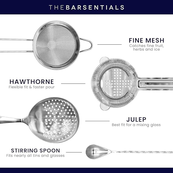 Homestia Cocktail Strainer Set – Bar tools Stainless Steel Includes Hawthorne Strainer, Julep & Fine Mesh Cocktail Strainers, Mixing Spoon – Drink Shaker Strainer for Bartending (5 Pieces, Black)