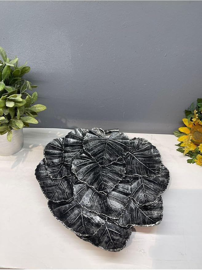 Leaf Shaped Serving Tray Decorative Polyester Silver and Black Antique Finish Abstract Home Decor, 12x10 Inch - Silver and Black Antique, One Size