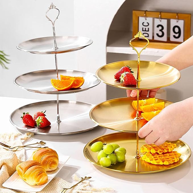 Stainless Steel 3 Tier Cupcake Stand, Tiered Trays Three Layer Cake Stand 3 Tier Serving Tray Platters for Pastry Dessert Candy Fruit Tea Party Wedding Platter (Golden)