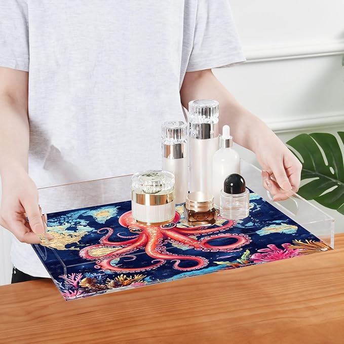 Serving Tray with Handles Clear Acrylic Tray 12x16 Inch Decorative Rectangular Tray Organizer for Ottoman Coffee Table Bathroom Blue World Map and Octopus