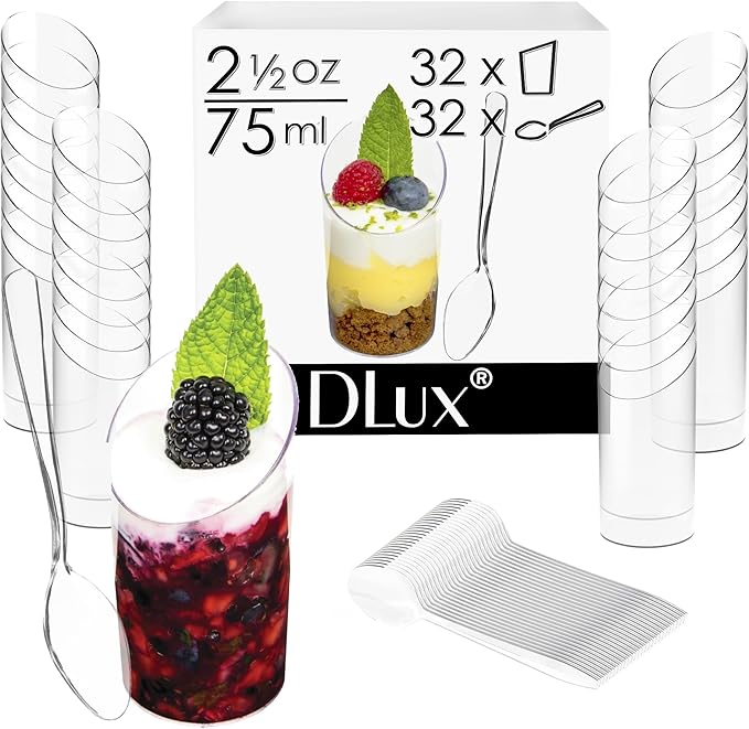 DLux 32 x 2.5 oz Mini Dessert Cups with Spoons, Slanted Round - Clear Plastic Parfait Appetizer Cup - Small Reusable Serving Bowl for Tasting Party Desserts Appetizers - With Recipe Ebook