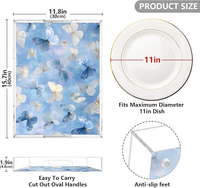 Serving Tray with Handles Clear Acrylic Tray 12x16 Inch Decorative Rectangular Tray Organizer for Ottoman Coffee Table Bathroom Sky Blue and White Butterflies