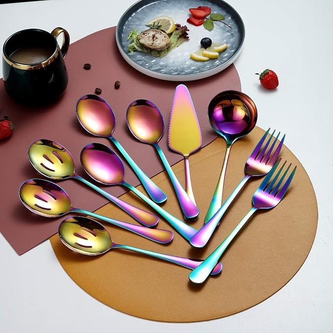 Rainbow 10-Piece Serving Flatware Set - Stainless Steel Silverware with Slotted Spoon, Cake Server, Fork, Soup Ladle