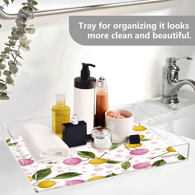 Serving Tray with Handles Clear Acrylic Tray 12x16 Inch Decorative Rectangular Tray Organizer for Ottoman Coffee Table Bathroom Cute Cherry Pink Dots