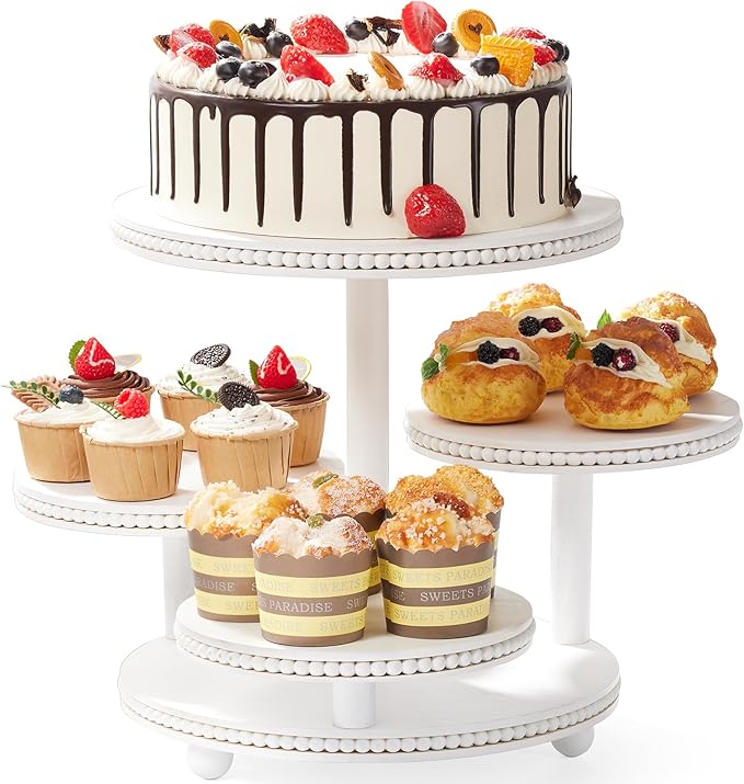 4 Tier Round Cupcake Tower Stand Beaded, Wood Cake Stand with Tiered Tray Decor for 50 Cupcakes/Baby Shower/Birthday/Wedding/Graduation