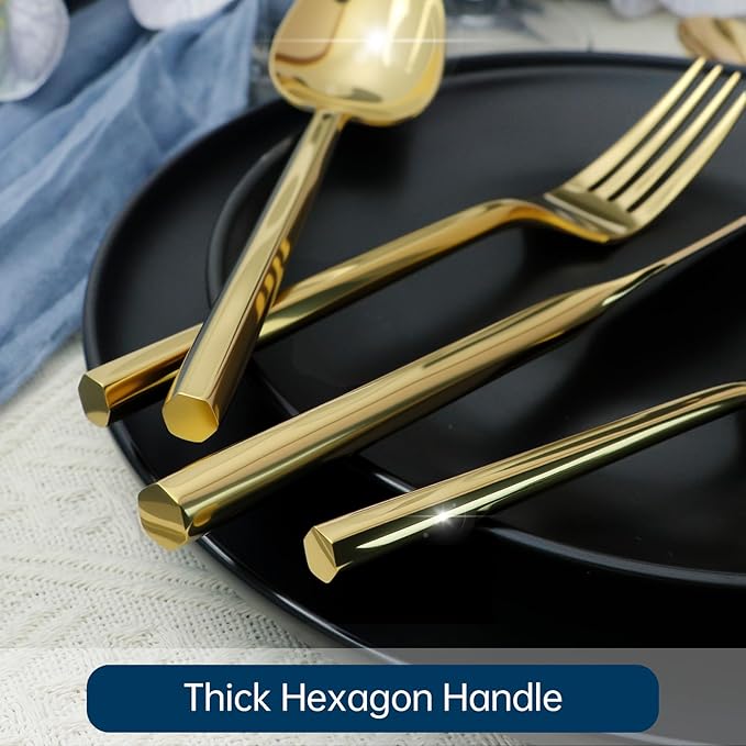 Gold Silverware Set 20-Piece Stainless Steel Mirror Polishing Golden Cutlery, Hand Forged Thick Hexagon Handle Flatware Sets, Wedding Housewarming Gift Service for 4