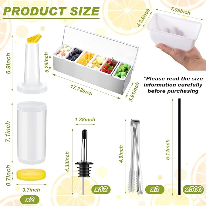 Mifoci Bartending Supplies Garnish Tray with Lid Bar Caddy 3 Tier Glass Rimmer 12 Stainless Steel Bottle Pourers 2 Juice Pour Bottle 1000 Cocktail Straw 3 Serving Tong(6 Compartments,Stainless Steel)