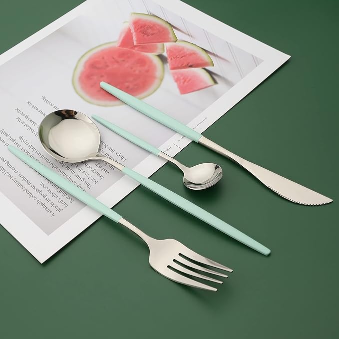 Silverware Set, 24 Pcs Stainless Steel Flatware Cutlery Set, Knives Forks and Spoons Set with Colored Handles, Rust-proof Serving Utensils, Mirror Polished, Service for 6 (Silver+Green)