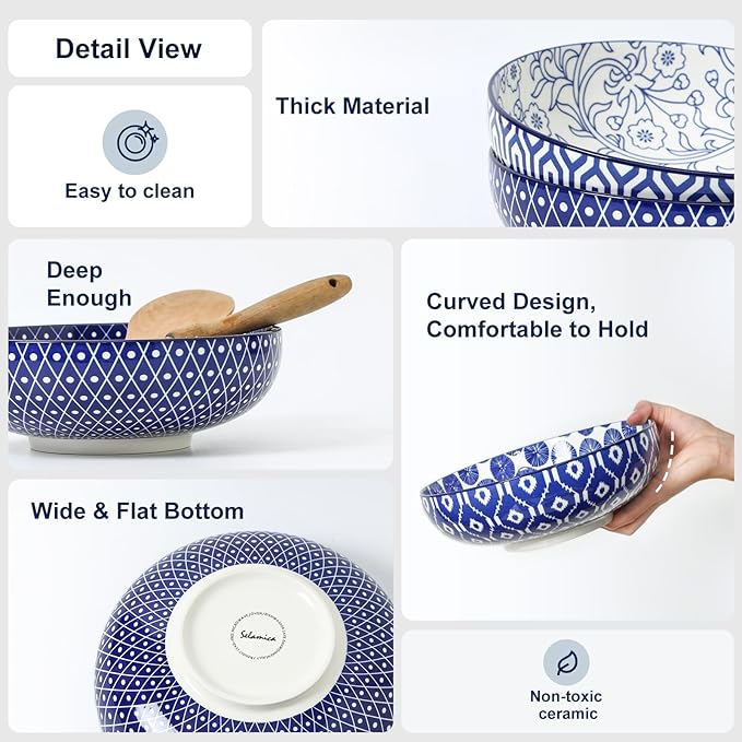 Selamica 9.5" Serving Bowls, 60 OZ Large Salad Bowls Set of 3 for Entertaining Party, Ceramic Bowls for Kitchen, Pasta, Soup, Dinner, Vintage Blue