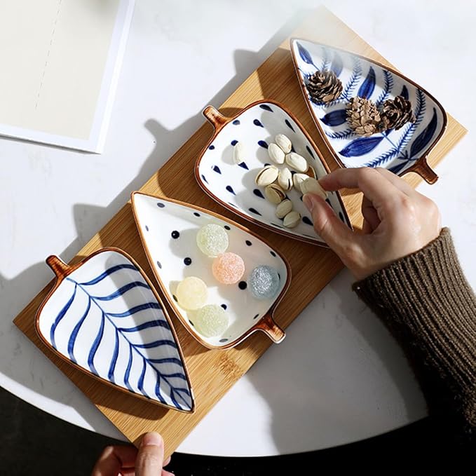 Creative 3pcs Ceramic Appetizer Plates Set with Hand-painted Underglaze Design, Assorted Leaf and Watergrass Patterns, Food-grade Dessert and Sauce Dishes for Serving Random Color