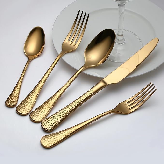 Quality Material Silverware Set with Squared Edge,18/10 Stainless Steel Cutlery Set,45 Piece Flatware Set,Service for 8,Dishwasher Safe(45)(gold)