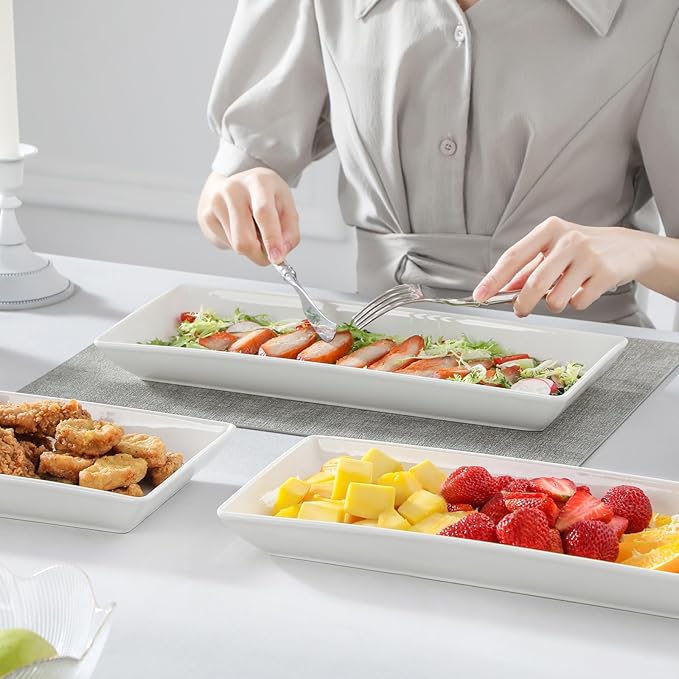 MALACASA Serving Platters Set of 4, Ceramic Serving Platters and Trays for Serving Food, Rectangular Serving Trays for Party, Large Serving Plates, Party Serving Trays and Platters - 14 Inch, White