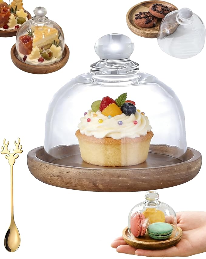 Charcuterie Snow Globe Container, Charcuterie Snow Globes, Mini Cake Stand with Dome Lid, Glass Dessert Dome with Wood Base, Small Cake Display Server Tray for Kitchen, Birthday Party, Wedding (1set)