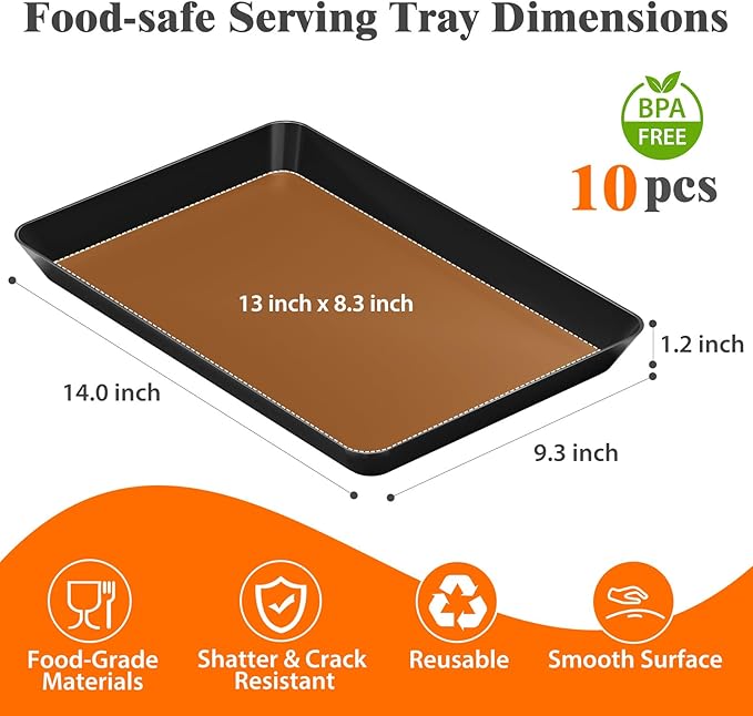 10-Pack Serving Tray Set, Reusable Plastic Serving Platter for Party Supplies, Entertaining, Grilling Accessories, Stackable Kitchen Snack Container for Dessert, Fruit, Cookie, (Black)