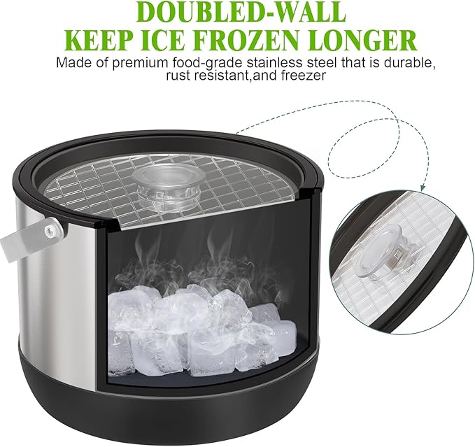 5QT/4.8L Insulated Ice Bucket for Parties, Large Capacity Double-Wall Beverage Bucket with Scoop & Lid for Champagne, Wine, Cocktail (Black)