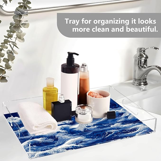 Serving Tray with Handles Clear Acrylic Tray 12x16 Inch Decorative Rectangular Tray Organizer for Ottoman Coffee Table Bathroom Japanese Deep Blue Sea Waves