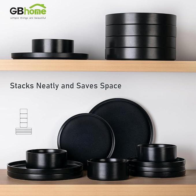GBHOME Ceramic Dinnerware Sets of 4,Stoneware Plates and Bowls Sets,Chip and Crack Resistant | Dishwasher & Microwave Safe Dishes Set,Scratch Resistant- Service for 4 (12pc)-Matte Black