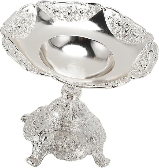 TOPINCN Metal Table Fruit Tray and Bowl, European Style Candy Serving Plate Decorative Dessert Snack Dish Zinc Alloy Snack Nut Food Serving Storage Rack Dining Table Decor (S) (Silver)