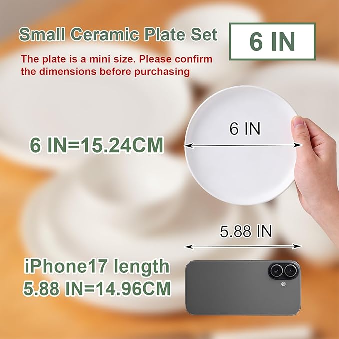 AntoKueh White Small Ceramic Plates Set of 4, 6 Inch Round Porcelain Appetizer Plate,Mini Dessert Plates with lipped Edge for Cake, Snack, Bread