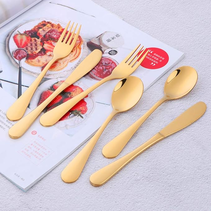 Flatware Silverware sets, 6pcs 18/8 Stainless Steel Student Cutlery Serving for 2, BPA-free Self-feeding Safe Kitchen Utensils, Mirror Polished (Gold)