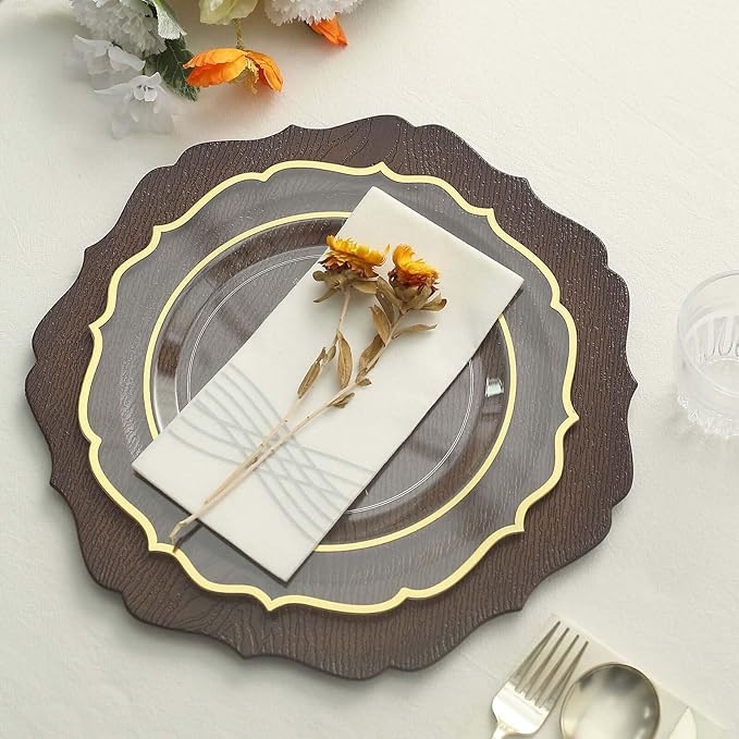 Efavormart 12-Pack Acrylic Charger Plates 13" Round Rustic Brown with Wood Grain Scalloped Rim - Dinner Charger Tableware