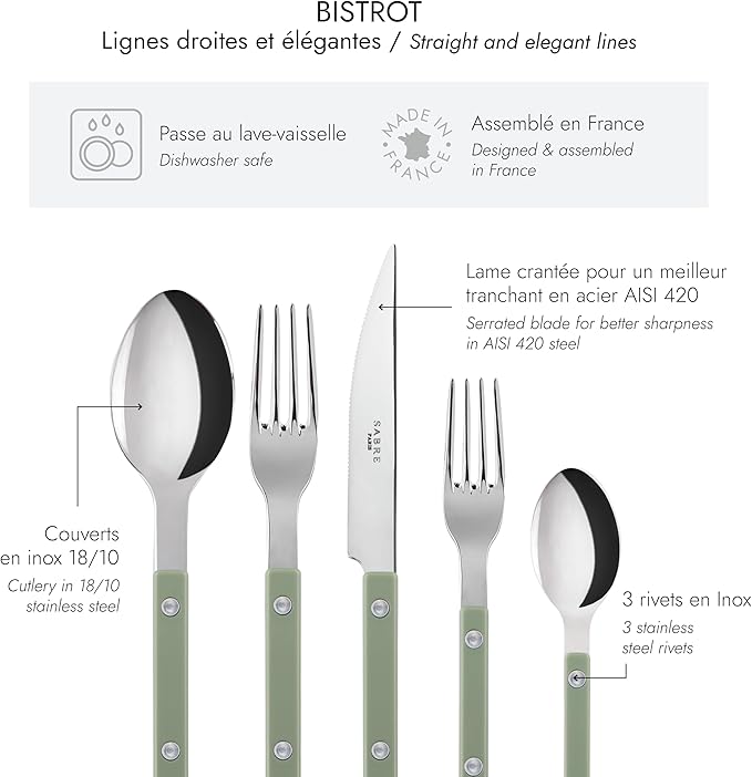 SABRE PARIS - 5-Piece Flatware Set - Bistrot Collection - Knife, Fork, Soup Spoon, Teaspoon & Dessert Fork - Stainless Steel & Nylon - Dishwasher Safe - Asparagus - Brilliant Finish
