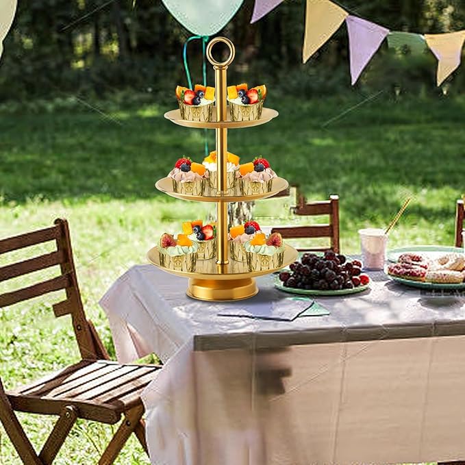 3 Tier Gold Metal Cupcake Stand Holder,Stainless Steel Cup Cake Stand Tower with Tiered Serving Tray and Base for Parties,Weddings,Birthdays and Any Festivals and Celebrations(2-Pack)