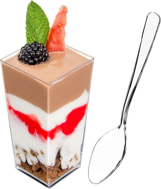 DLux 50 x 3 oz Mini Dessert Cups with Spoons, Square Tall - Clear Plastic Parfait Appetizer Cup - Small Reusable Serving Bowl for Party Desserts Appetizers - With Recipe Ebook