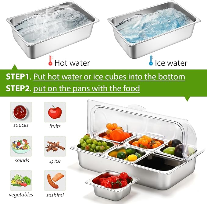 6 Pan Chilled Buffet Server Stainless Steel Countertop Food Serving Display Container with Clear Roll Top Cover Serving Tray Buffet Condiment Dispenser Ice Cooled Food Display Rack