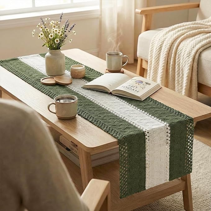 Artoid Mode Army Green Farmhouse Rustic Table Runner, Seasonal Hollow Kitchen Dining Table Decoration for Home Party Decor 12x108 Inch