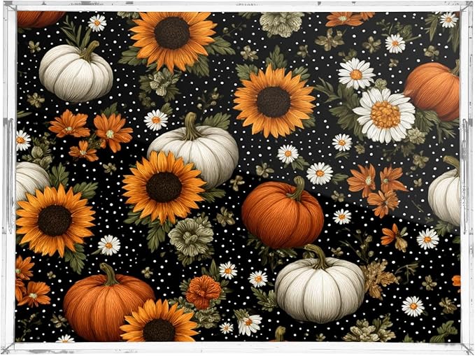 Serving Tray with Handles Clear Acrylic Tray 12x16 Inch Decorative Rectangular Tray Organizer for Ottoman Coffee Table Bathroom Black Dotty Pumpkins Sunflowers Daisy