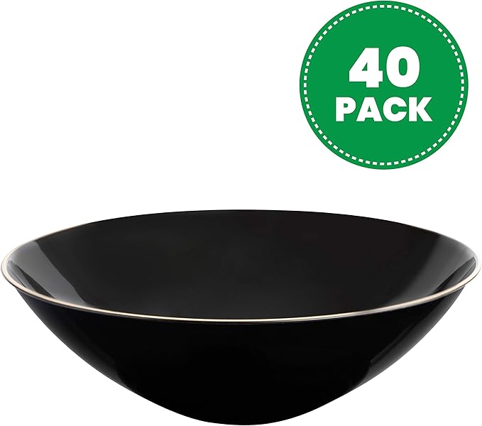 [16 OZ 40 Count] Black Plastic organic Party Soup bowls With Gold Rim Premium heavyweight Elegant Disposable Tableware Dishes