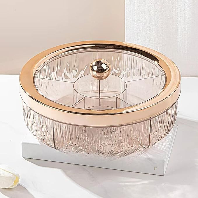 Divided Serving Tray with Transparent Lid Snack Tray Rotatable Base Appetizer Platter with 6 Compartments Dessert Dish Suitable for Gift Giving Home D, Rose Golden Ball