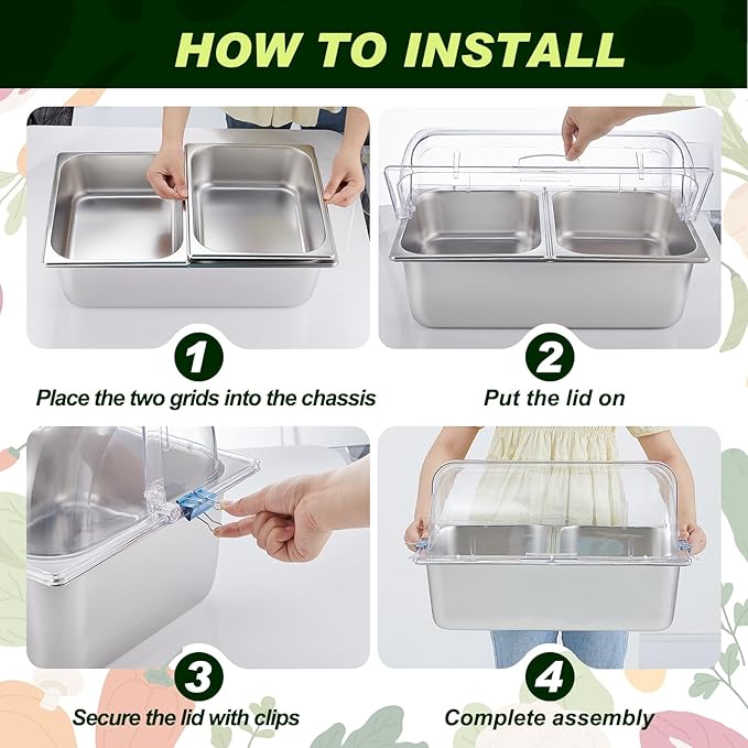 Tessco for you 16 Pcs Ice Food Spice Serving Display Countertop Chilled Condiment Container Set with Lid, Stainless Steel Salad Cold Caddy for Buffet Restaurant Kitchen Party(2 Compartments)