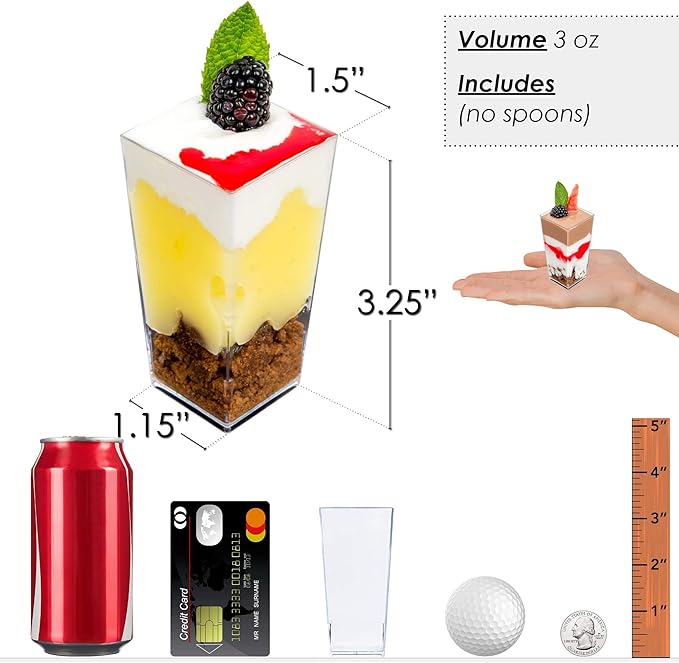 DLux 100 x 3 oz Mini Dessert Cups (no Spoons), Square Tall - Clear Plastic Parfait Appetizer Cup - Small Reusable Serving Bowl for Tasting Party Desserts Appetizers - With Recipe eBook