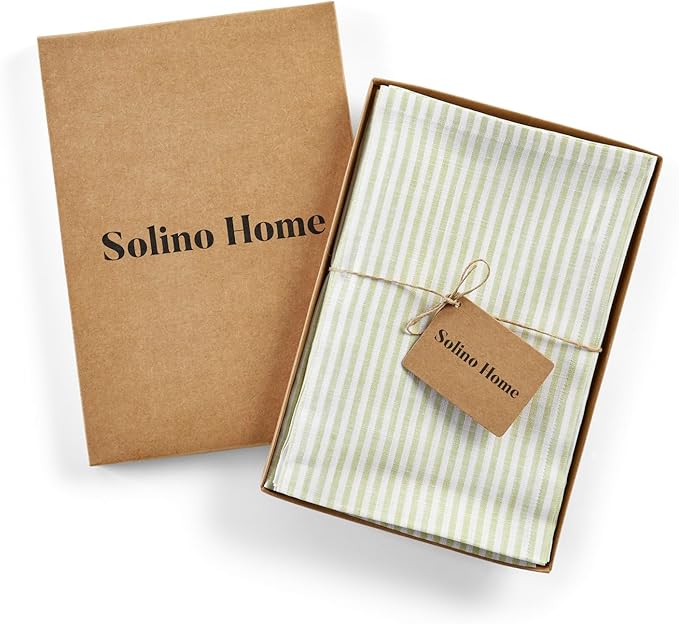 Solino Home Linen Cloth Napkins Set of 4-100% Pure Linen Sage and White Striped Dinner Napkins 20 x 20 Inch for Christmas, New Year - Narrow Stripe, Handcrafted and Machine Washable