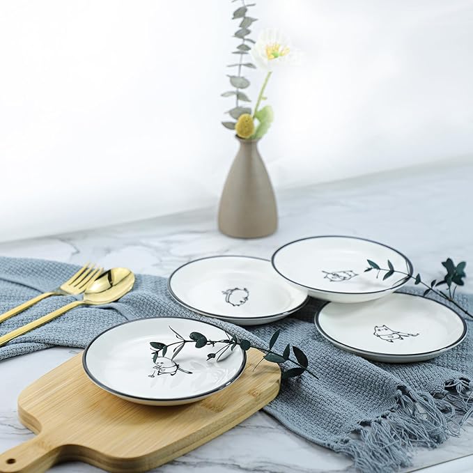 SOCOSY Cute Cartoon Chef Cat Ceramic Seasoning Dishes Sauce Dish Sushi Dipping Bowl Appetizer Plates Tea Bag Holder Serving Dish for Kitchen, 5 Inch, Set of 4