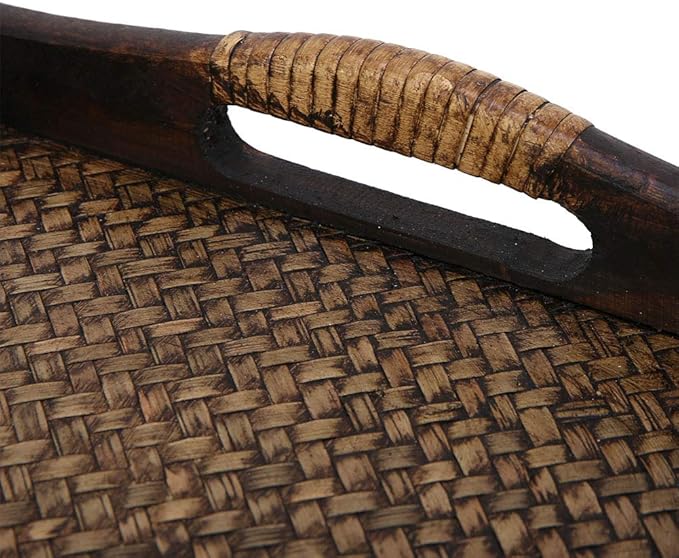 Woven Rattan Rectangle Serving Tray, 9 in Hand Woven Rattan Serving Tray Hand-Made with Raised Handles and Wood on All Sides Decorative for Dining Coffee Table Tea Party