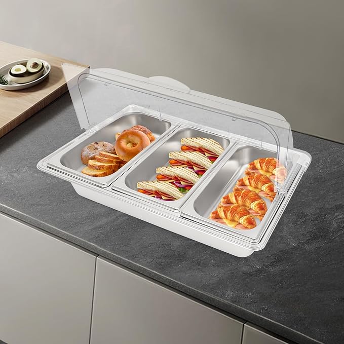 3 Pan Stainless Steel Food Serving Tray, Countertop Food Serving Display Container with Clear Roll Top Cover & Buckles, Buffet Food Display Container for Buffets, Parties, Hotels, Weddings
