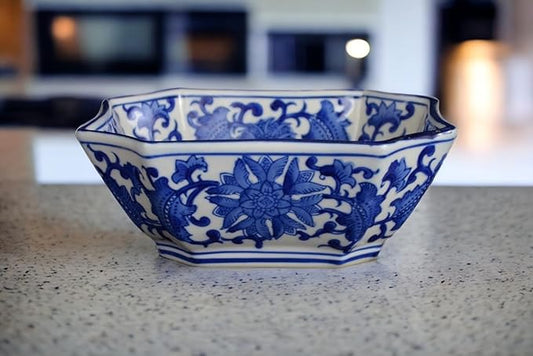 Blue and White Long Octagon Serving Bowls, Salad Bowls, Fruit Bowls (7")