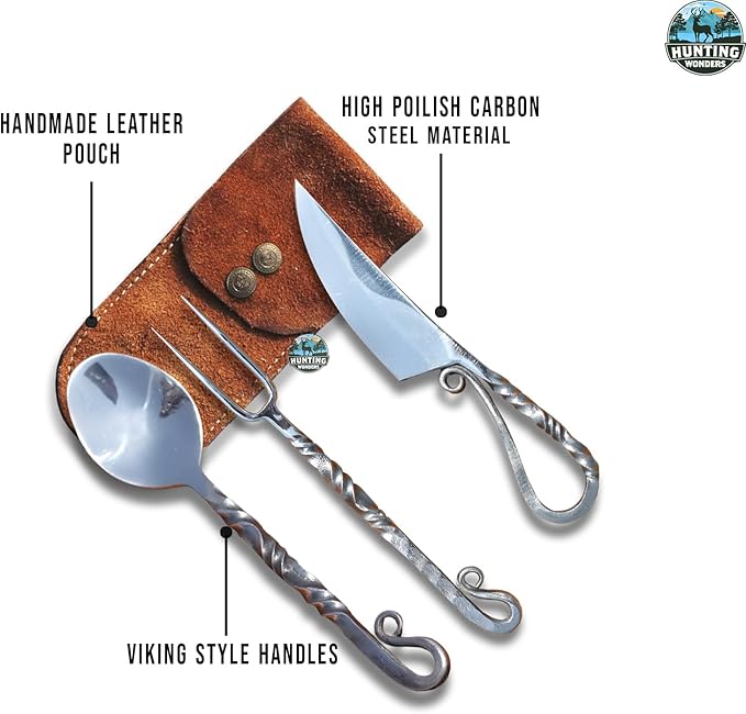 Customize Stainless Steel Viking Medieval Feasting Set, Handmade Mirror Polished Viking Twisted Pattern Flatware With Leather Pouch, Perfect for Cosplay and Gift for Loved Ones (Person 6)