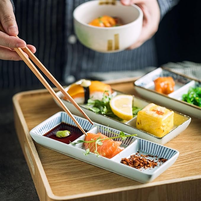 Sauce Dish Three Compartment Plate Ceramic Plate Sauce Bowl Sushi Dish Plate Multi Compartment Sauce Dish Vinegar Dish Plate Small Plate Snack Plate(A)