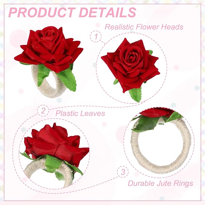 uxcell 6Pcs Flower Napkin Rings, Handmade Rose Napkin Ring Holders Buckles Table Decorations for Christmas Thanksgiving Valentine Decor Wedding Parties, Banquet, Home, Red