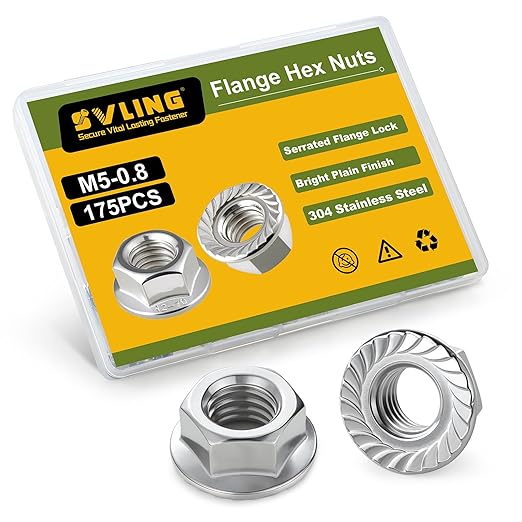 M5 Flange Nuts 175Pcs, Metric M5-0.8mm Serrated Flange Hex Nuts 304 Stainless Steel 18-8, Bright Plain Finish